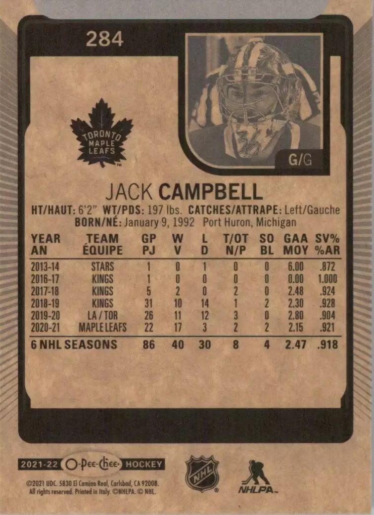 2021-22 O-Pee-Chee #284 Jack Campbell 1