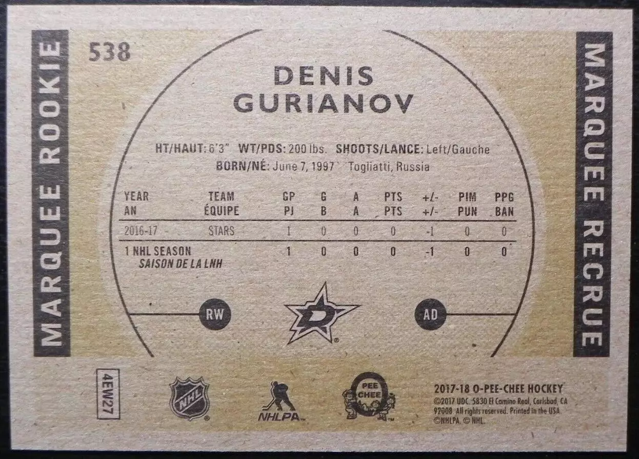 2017-18 O-Pee-Chee Retro #538 Denis Gurianov 1