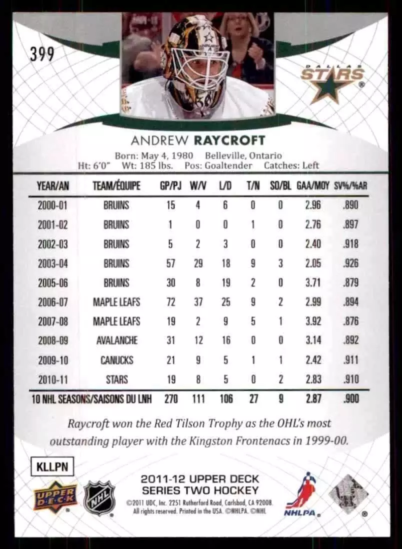 2011-12 Upper Deck #399 Andrew Raycroft 1