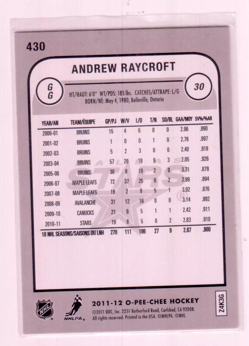 2011-12 O-Pee-Chee Rainbow #430 Andrew Raycroft 1