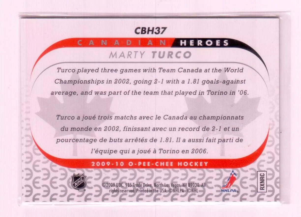 2009-10 O-Pee-Chee Canadian Heroes Foil #CBH37 Marty Turco 1