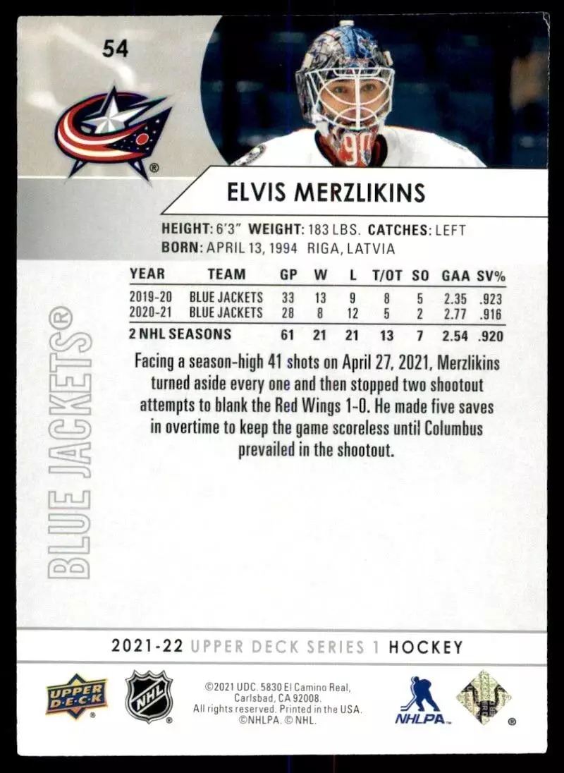 2021-22 Upper Deck #54 Elvis Merzlikins 1