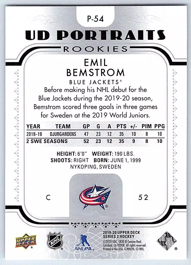 2019-20 Upper Deck UD Portraits #P54 Emil Bemstrom 1
