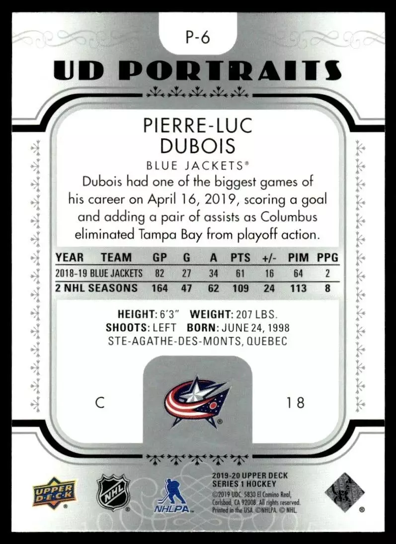 2019-20 Upper Deck UD Portraits #P6 Pierre-Luc Dubois 1