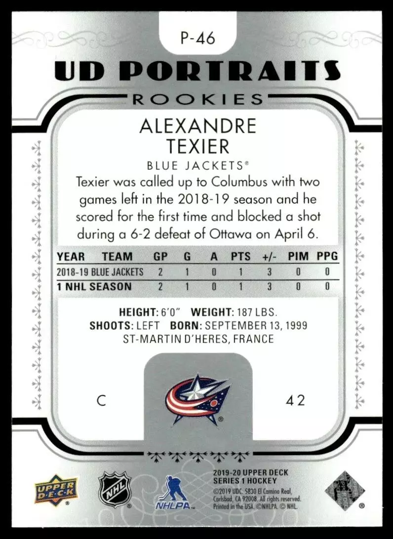 2019-20 Upper Deck UD Portraits #P46 Alexandre Texier 1
