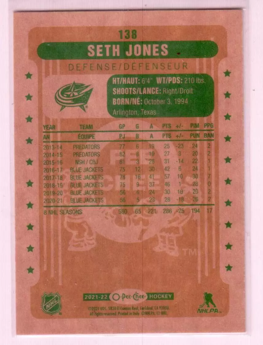 2021-22 O-Pee-Chee Retro #138 Seth Jones 1