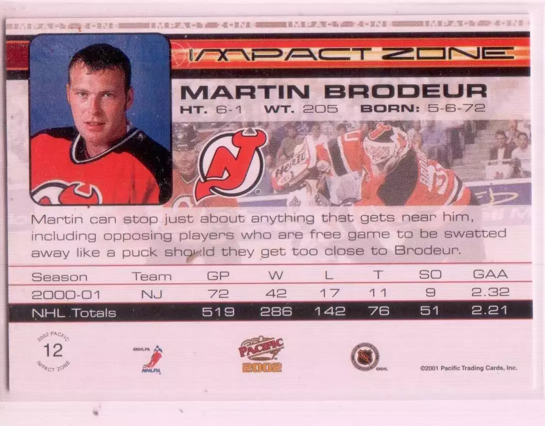 2001-02 Pacific Impact Zone #12 Martin Brodeur 1