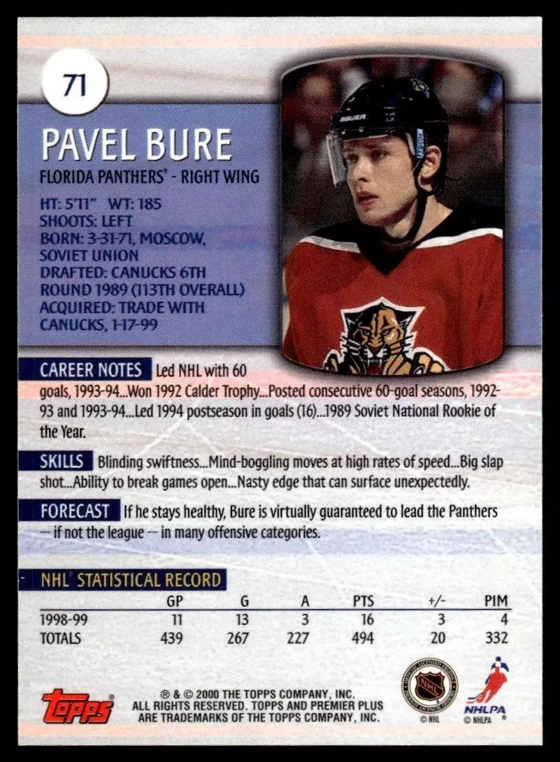 1999-00 Topps Premier Plus #71 Pavel Bure 1