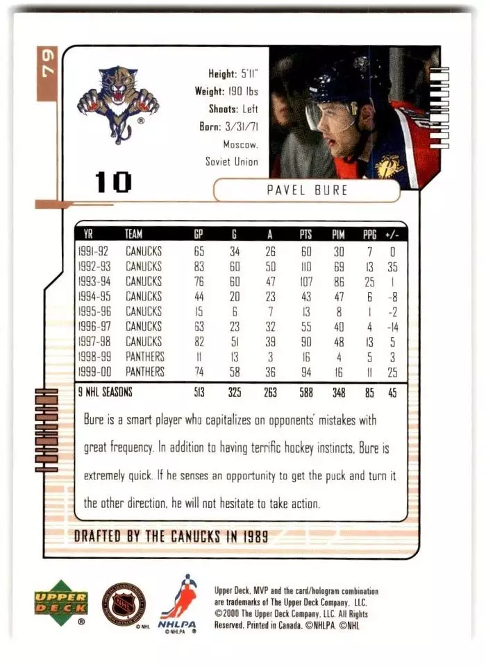 2000-01 Upper Deck MVP #79 Pavel Bure 1