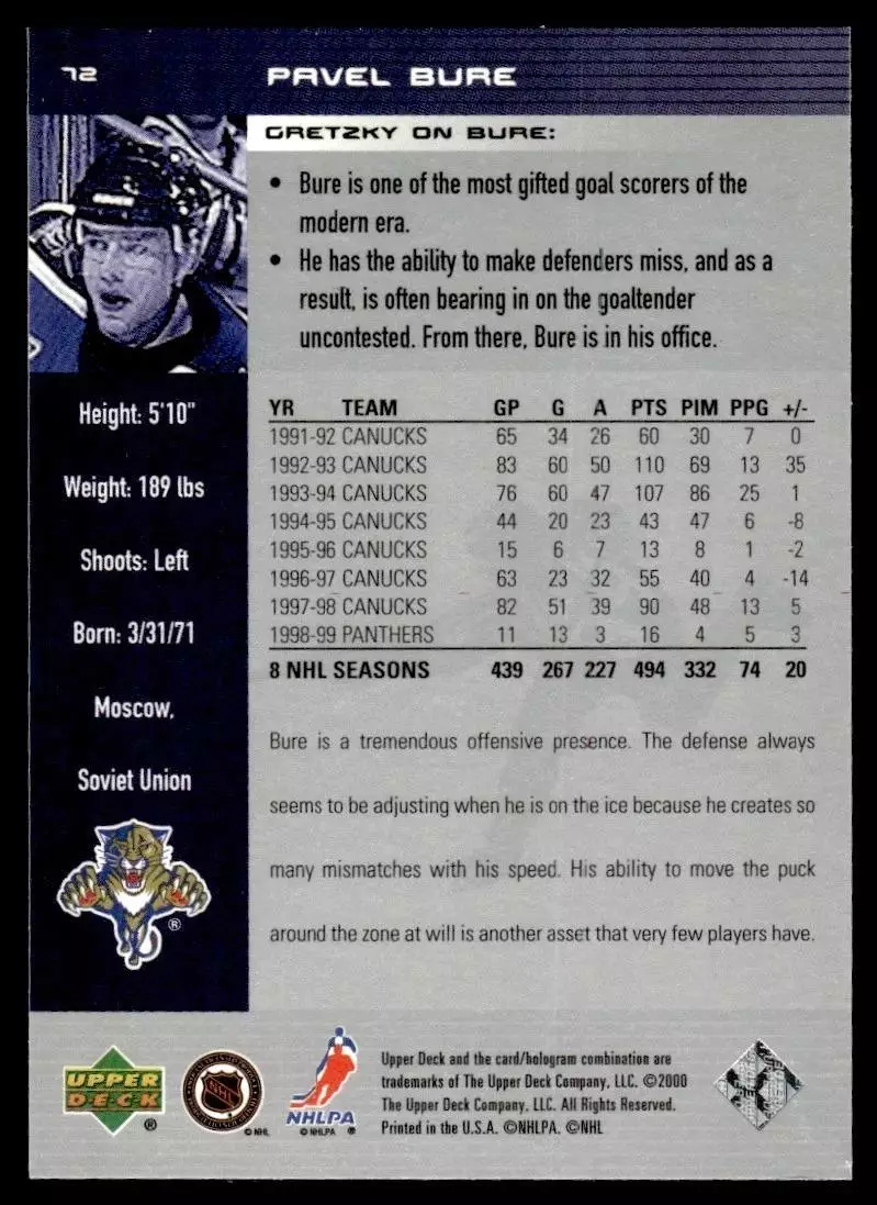 1999-00 Wayne Gretzky Hockey #72 Pavel Bure 1