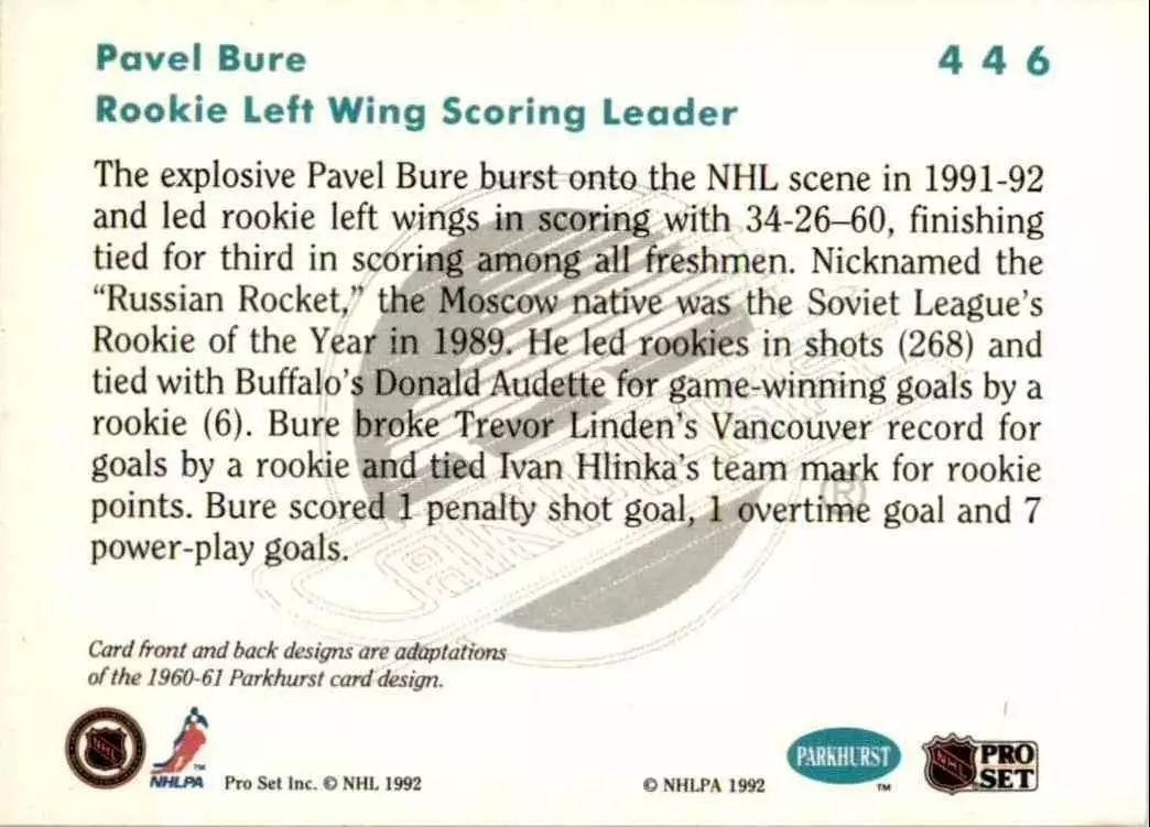1991-92 Parkhurst #446 Pavel Bure RL 1