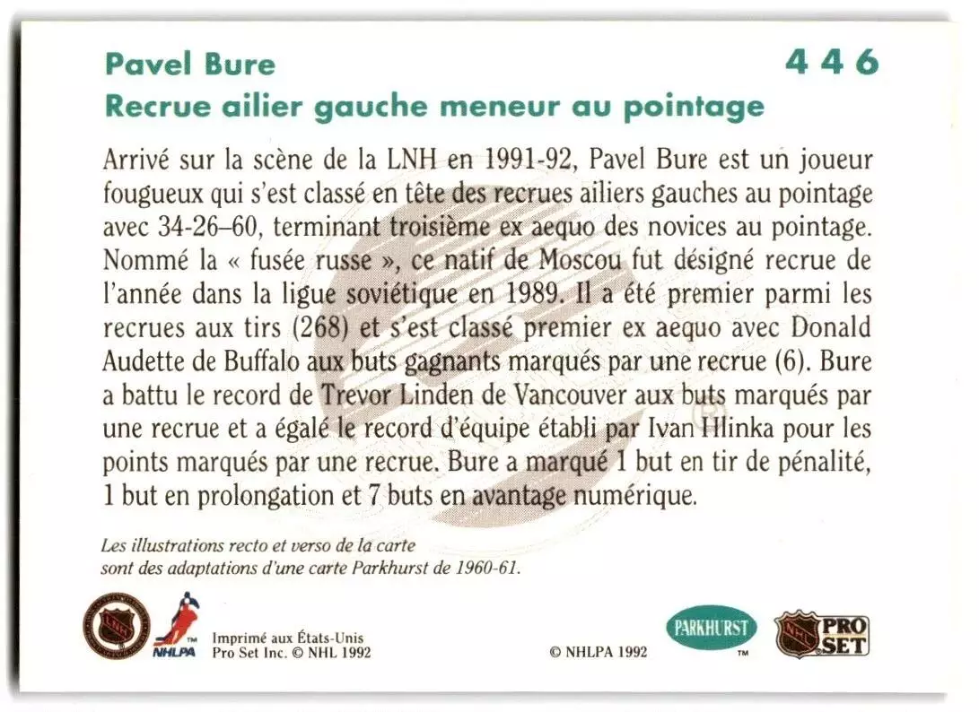 1991-92 Parkhurst French #446 Pavel Bure RL 1