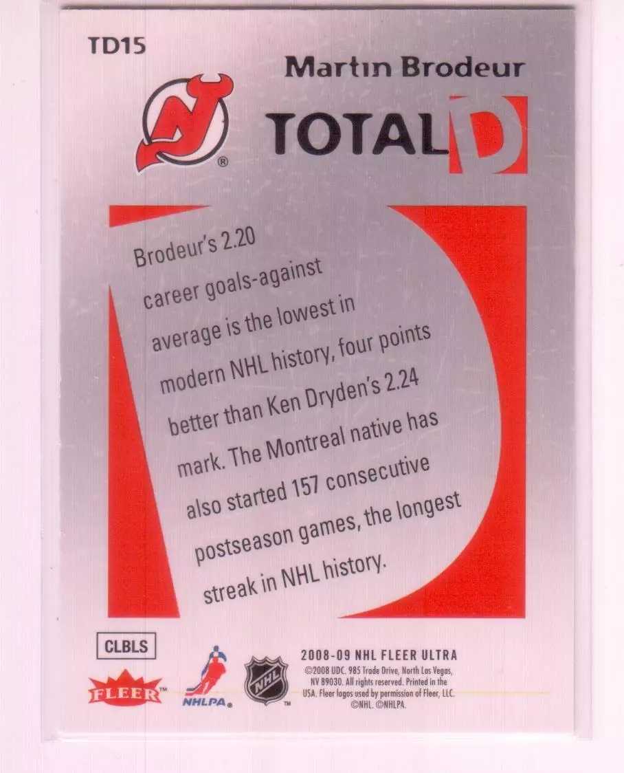 2008-09 Ultra Total D #TD15 Martin Brodeur 1