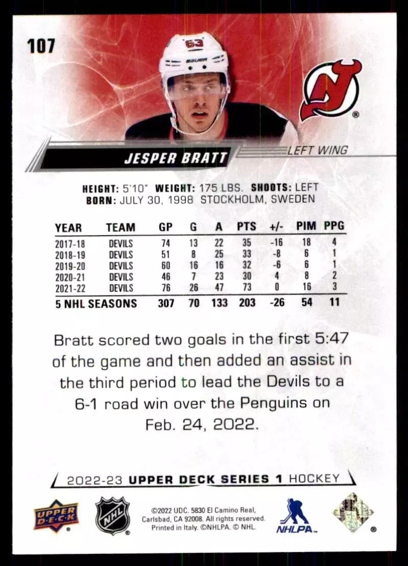 2022-23 Upper Deck #107 Jesper Bratt 1