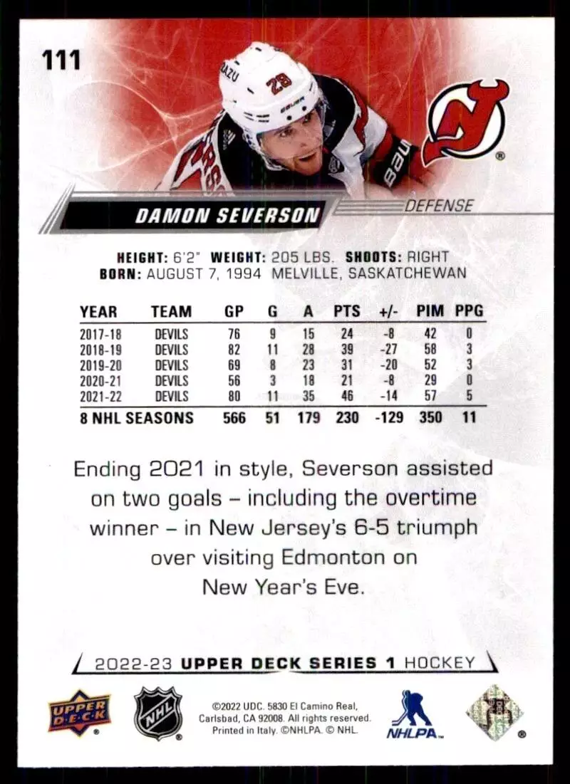 2022-23 Upper Deck #111 Damon Severson 1