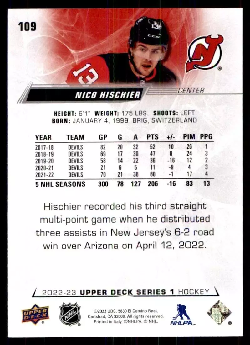 2022-23 Upper Deck #109 Nico Hischier 1