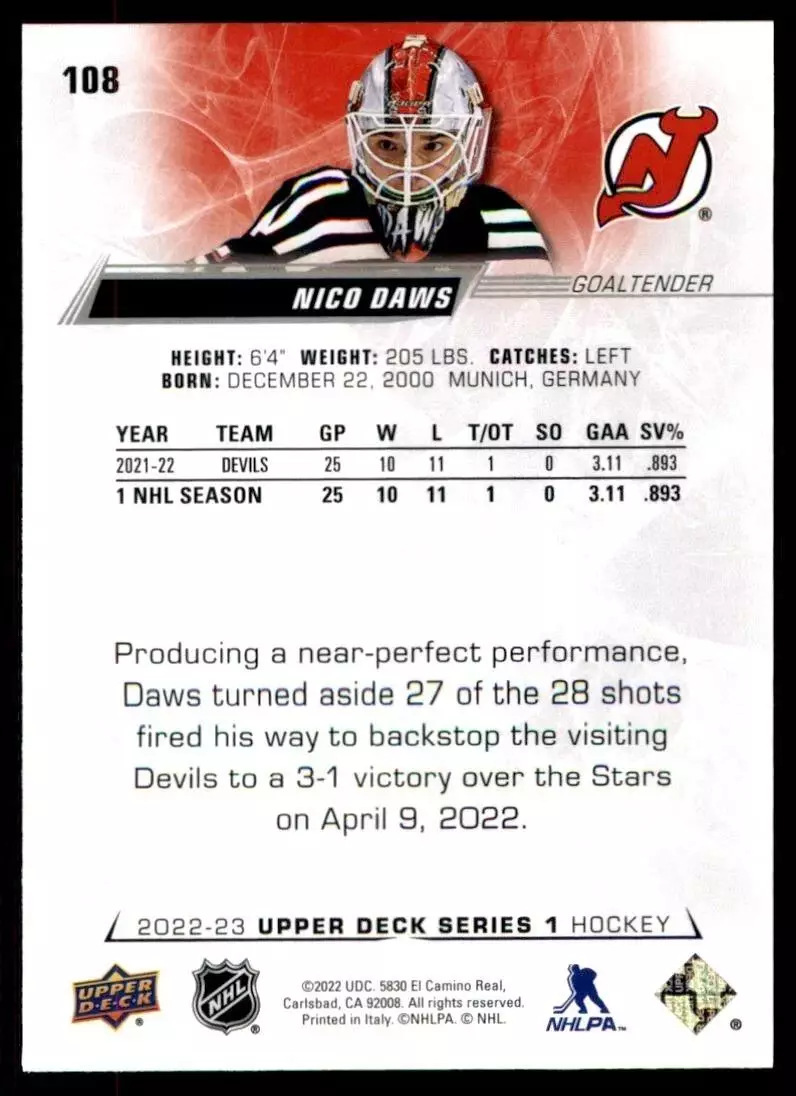 2022-23 Upper Deck #108 Nico Daws 1