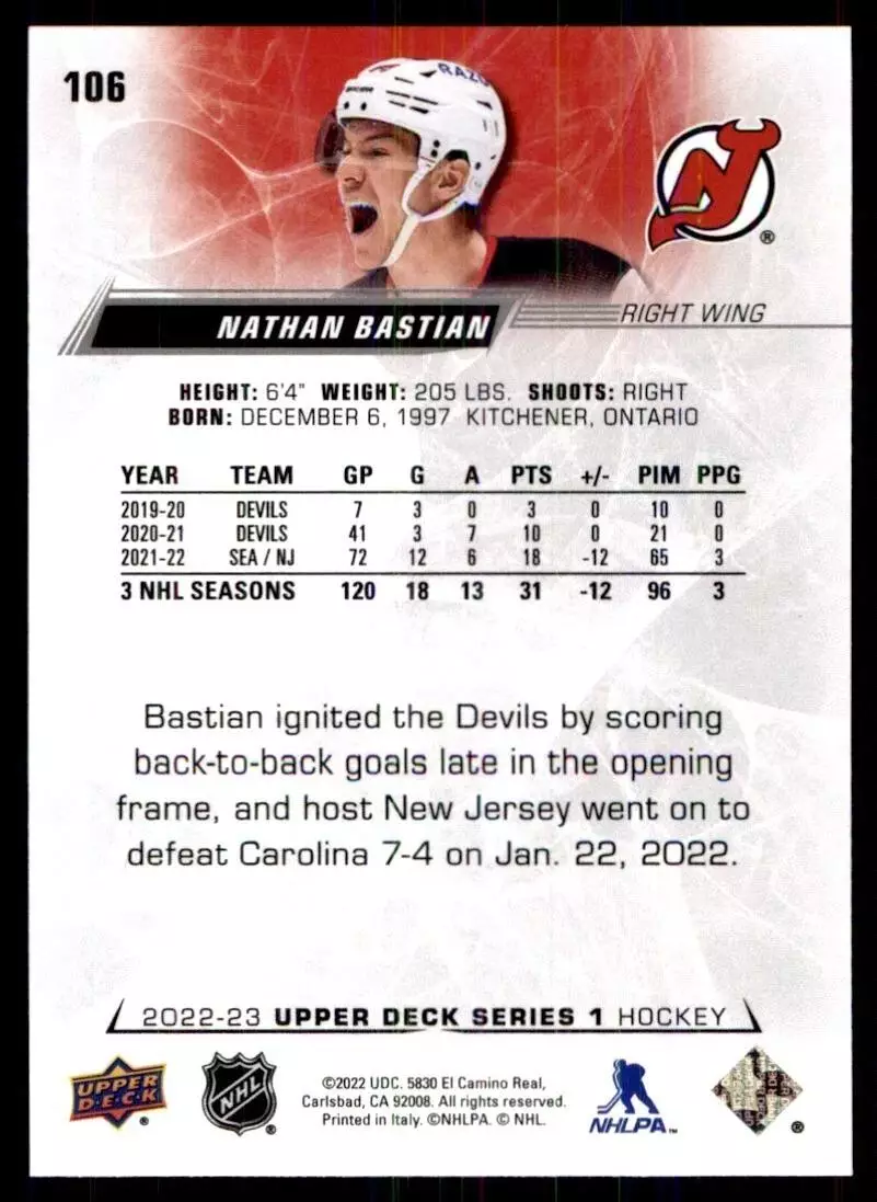 2022-23 Upper Deck #106 Nathan Bastian 1