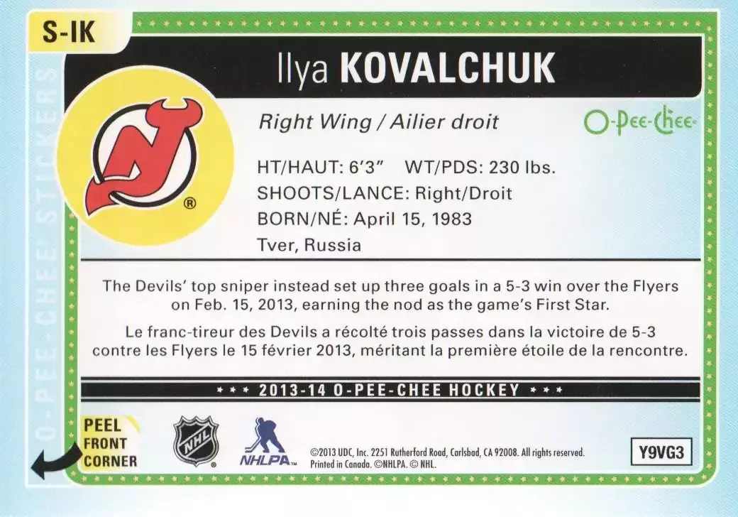 2013-14 O-Pee-Chee Stickers #SIK Ilya Kovalchuk 1