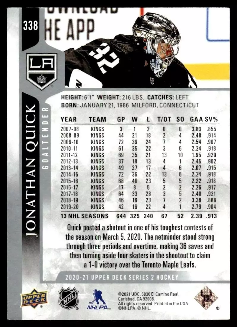 2020-21 Upper Deck #338 Jonathan Quick 1