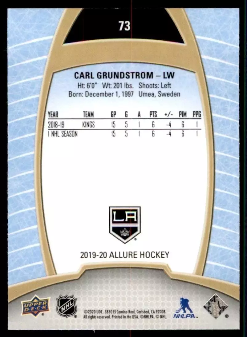 2019-20 Upper Deck Allure #73 Carl Grundstrom RC 1
