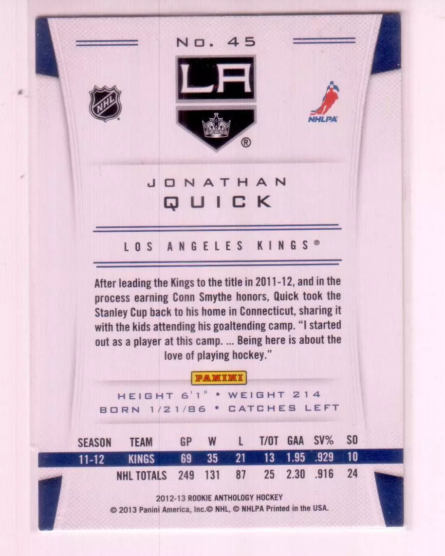 2012-13 Panini Rookie Anthology #45 Jonathan Quick 1