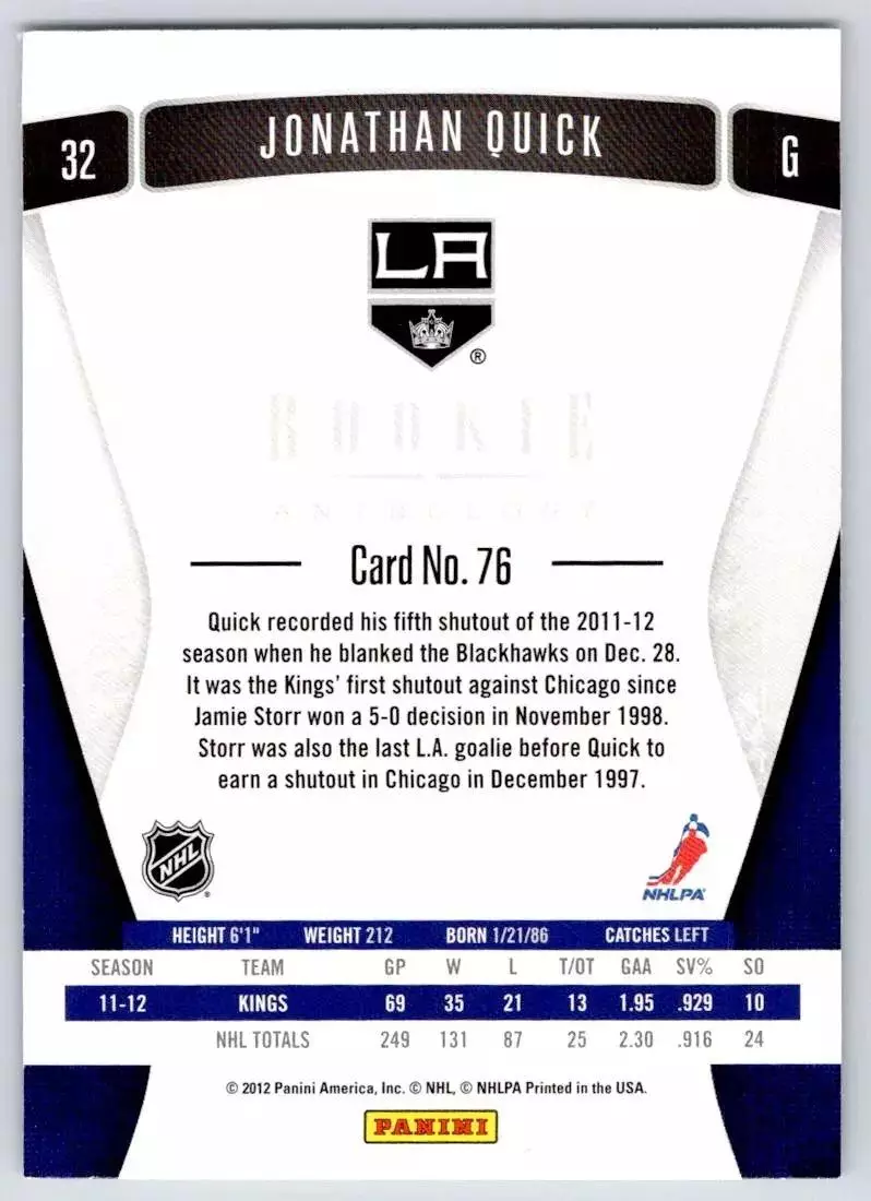 2011-12 Panini Rookie Anthology #76 Jonathan Quick 1