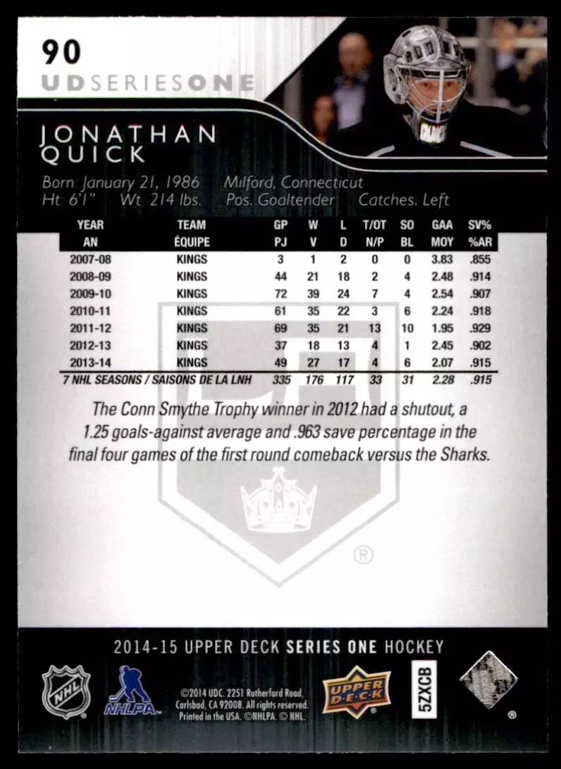 2014-15 Upper Deck #90 Jonathan Quick 1
