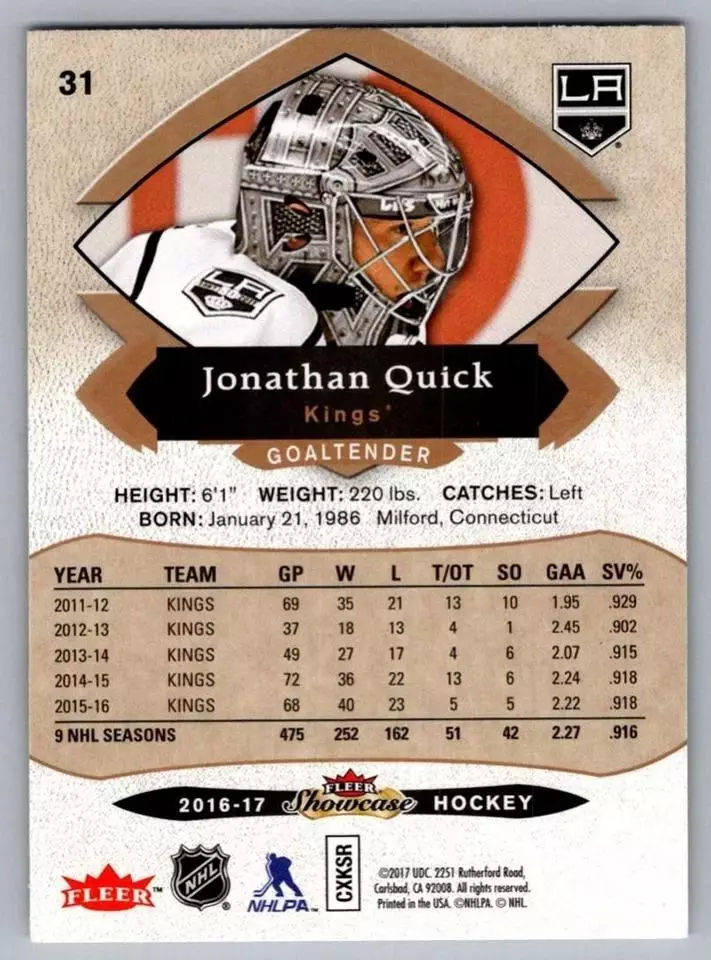 2016-17 Fleer Showcase #31 Jonathan Quick 1
