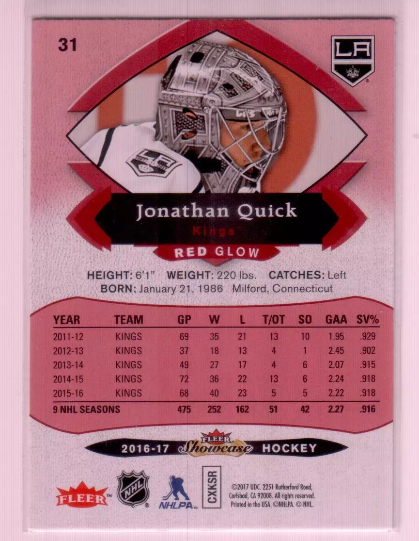 2016-17 Fleer Showcase Red Glow #31 Jonathan Quick 1