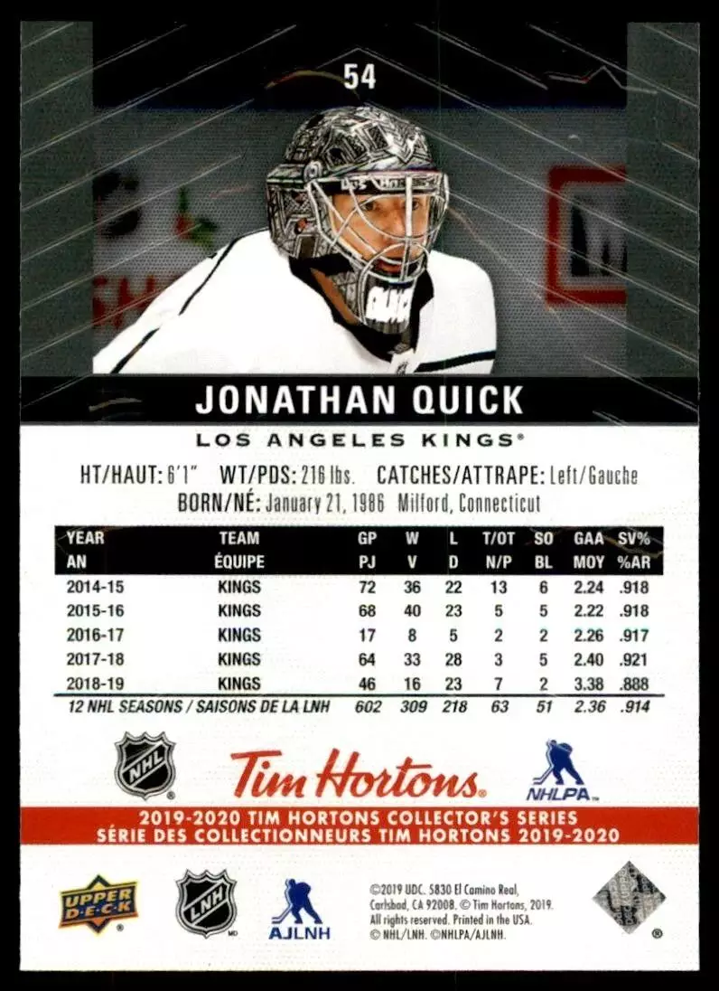 2019-20 Upper Deck Tim Hortons #54 Jonathan Quick 1