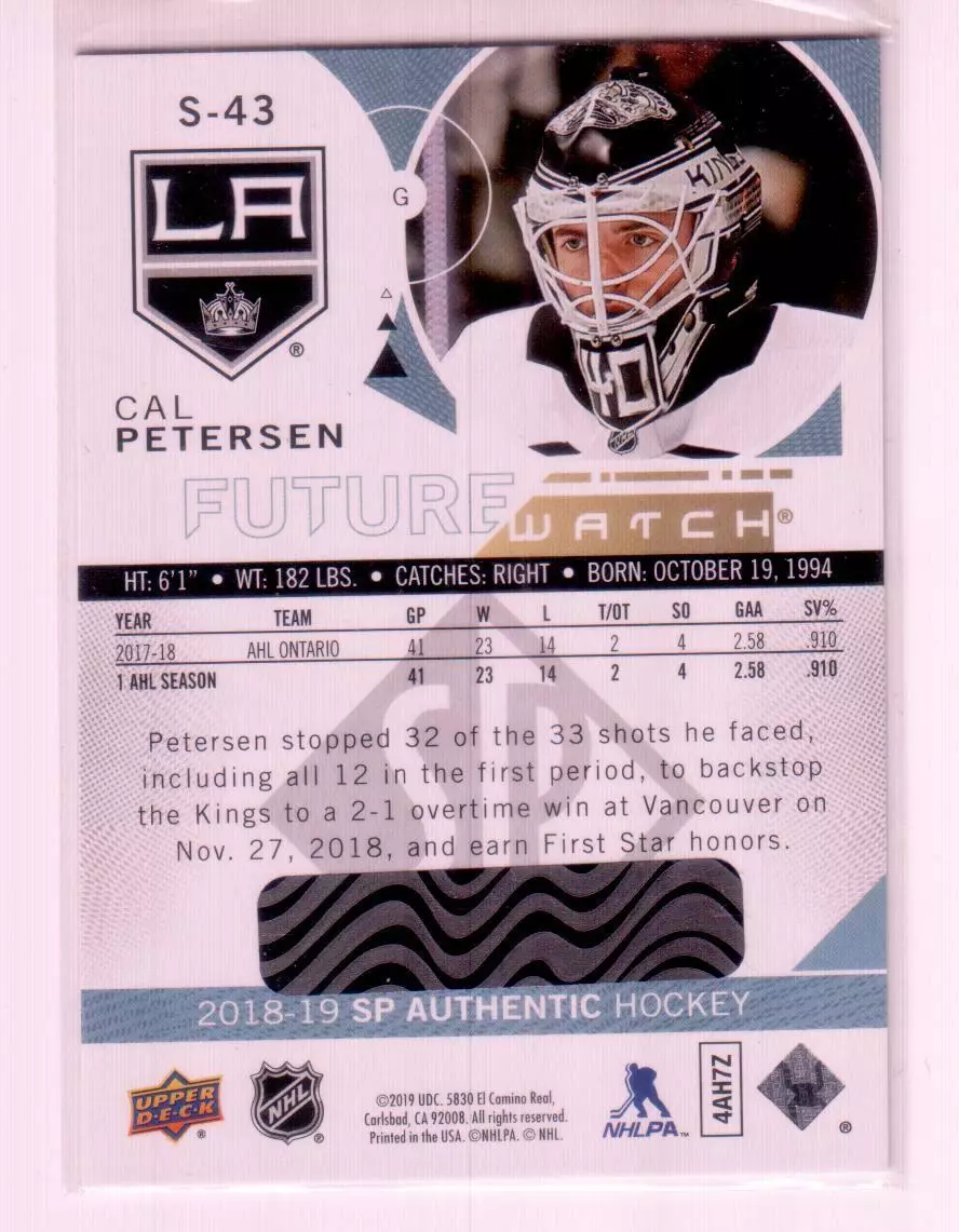 2018-19 SP Authentic Spectrum FX #S43 Cal Petersen FW 1