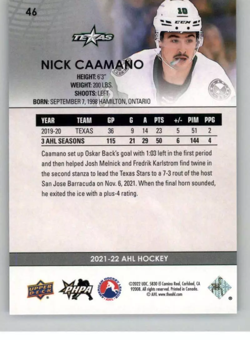 2021-22 Upper Deck AHL #46 Nick Caamano 1
