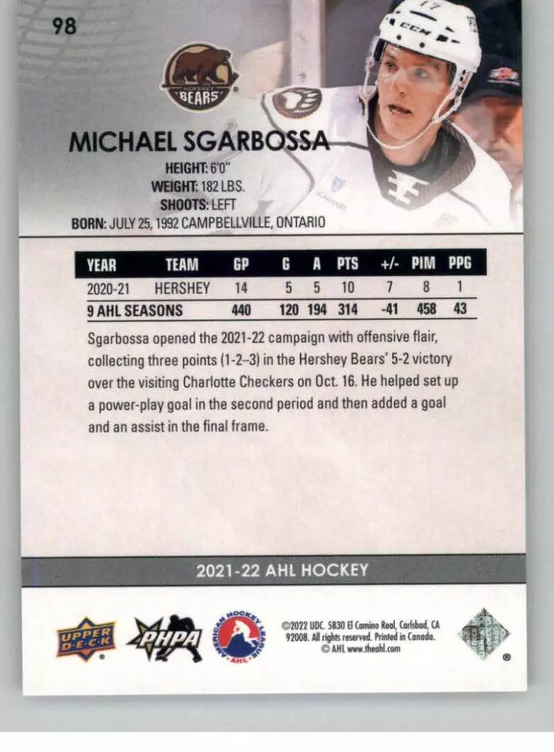 2021-22 Upper Deck AHL #98 Michael Sgarbossa 1