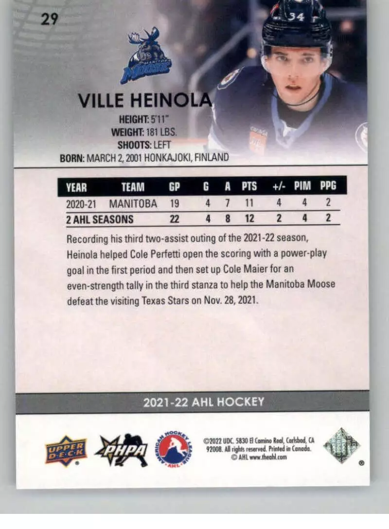 2021-22 Upper Deck AHL #29 Ville Heinola 1