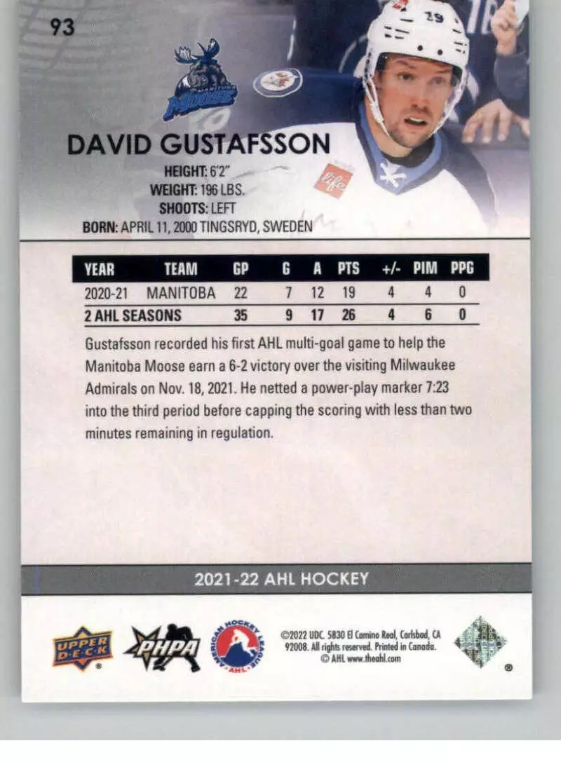 2021-22 Upper Deck AHL #93 David Gustafsson 1