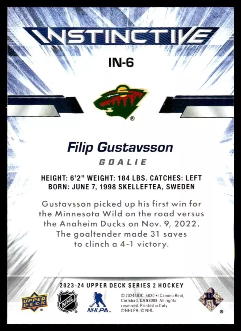 2023-24 Upper Deck Instinctive #IN6 Filip Gustavsson 1