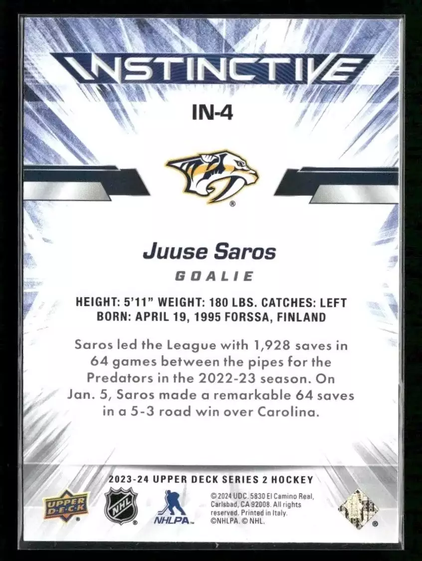 2023-24 Upper Deck Instinctive #IN4 Juuse Saros 1