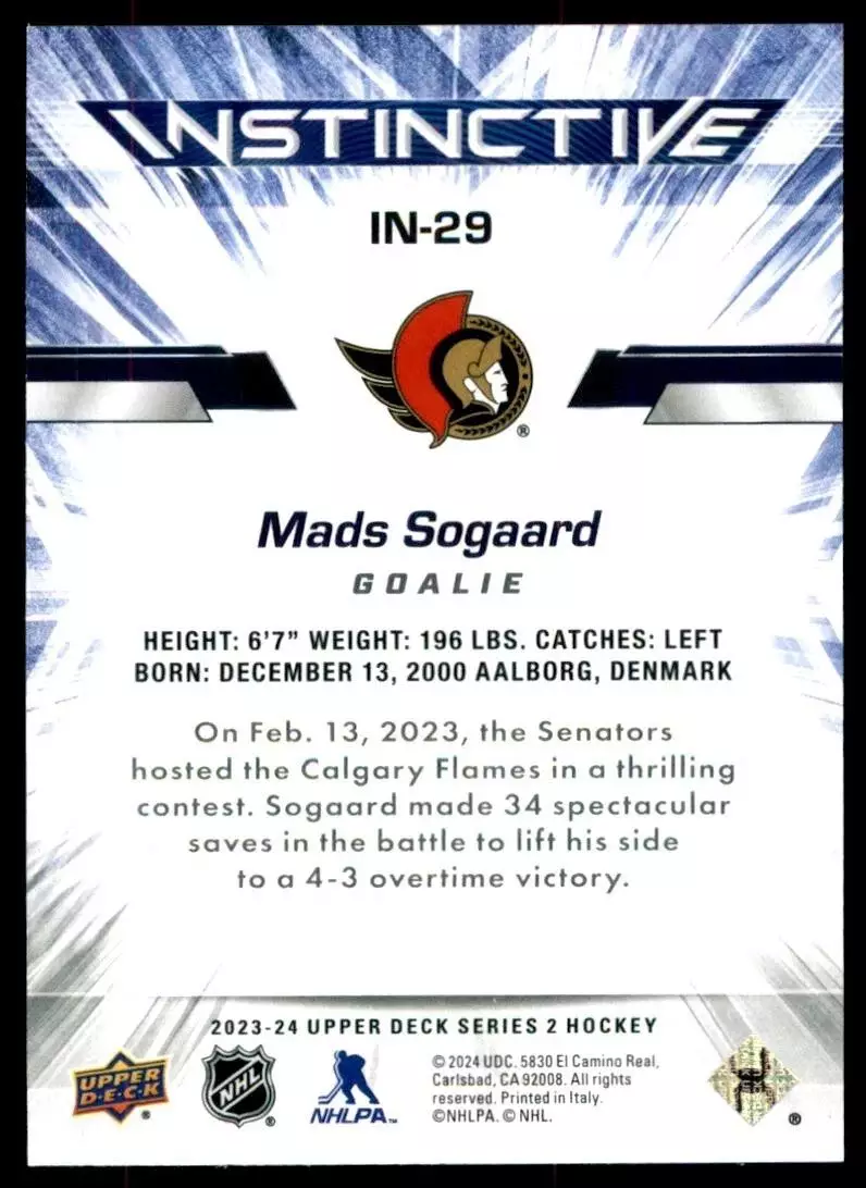2023-24 Upper Deck Instinctive #IN29 Mads Sogaard 1