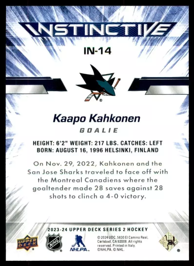 2023-24 Upper Deck Instinctive #IN14 Kaapo Kahkonen 1