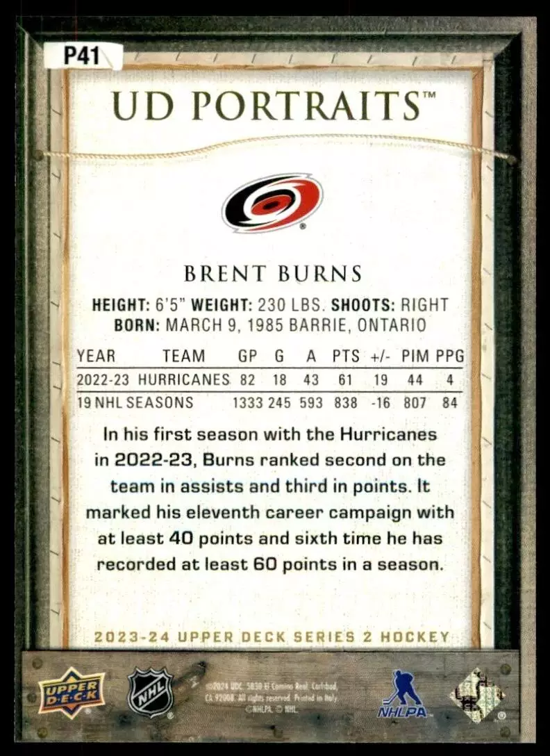 2023-24 Upper Deck UD Portraits #P41 Brent Burns 1