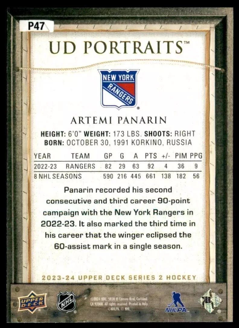 2023-24 Upper Deck UD Portraits #P47 Artemi Panarin 1