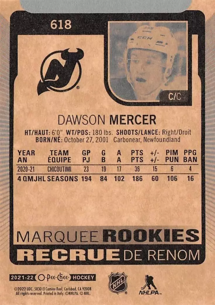 2021-22 O-Pee-Chee #618 Dawson Mercer RC 1