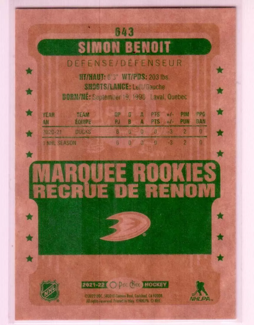 2021-22 O-Pee-Chee Retro #643 Simon Benoit 1