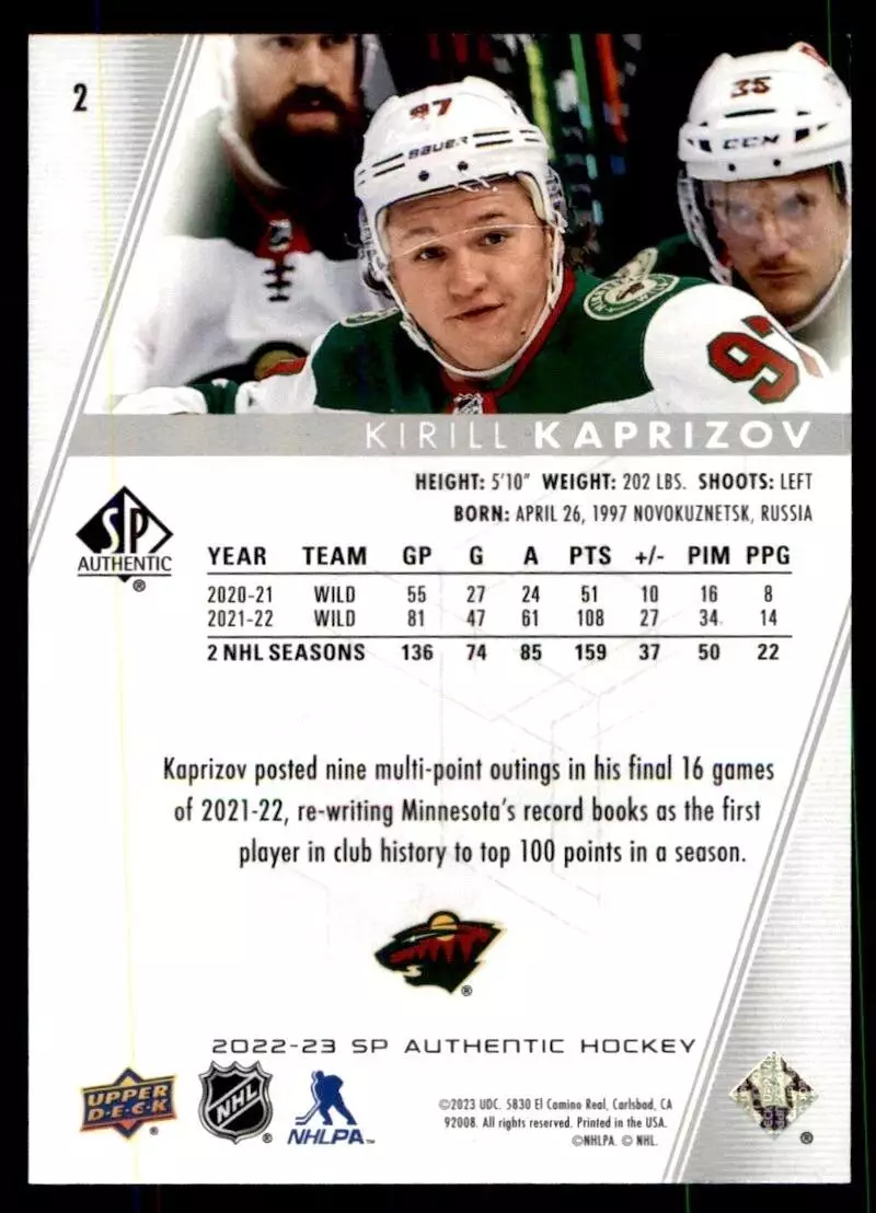 2022-23 SP Authentic #2 Kirill Kaprizov 1