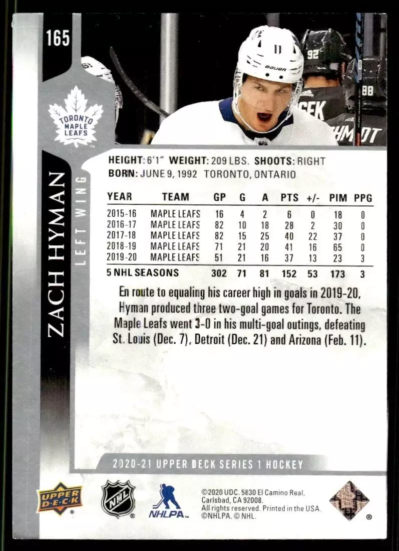 2020-21 Upper Deck #165 Zach Hyman 1