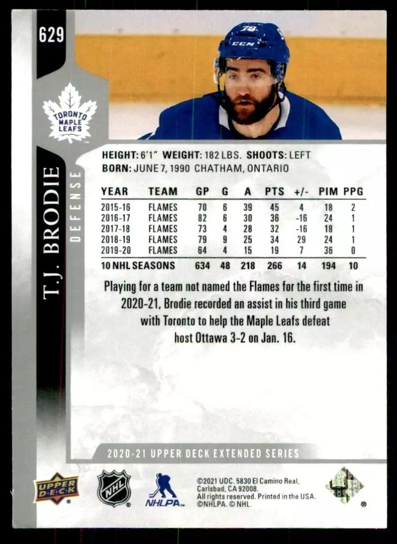 2020-21 Upper Deck #629 T.J. Brodie 1