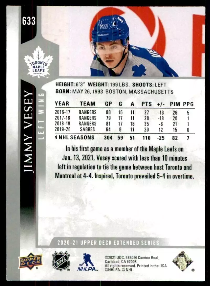 2020-21 Upper Deck #633 Jimmy Vesey 1