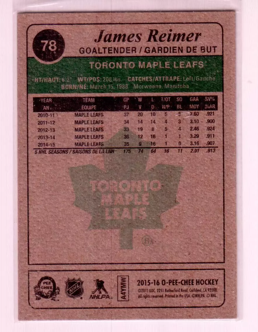 2015-16 O-Pee-Chee Retro #78 James Reimer 1