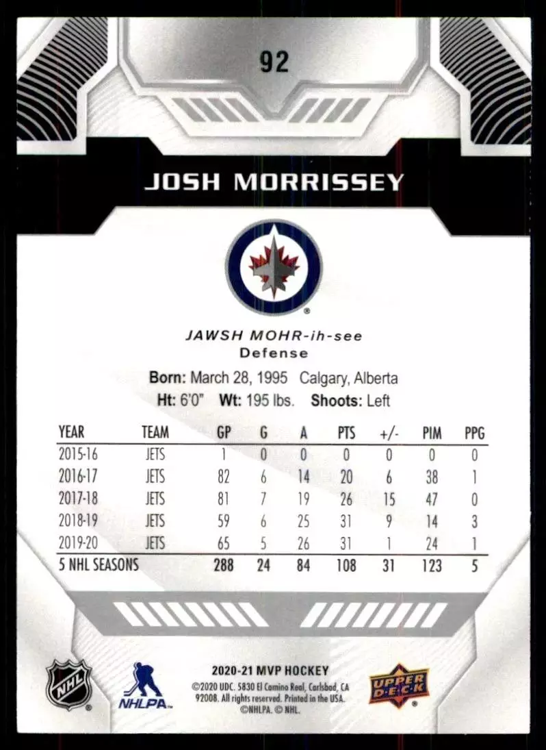 2020-21 Upper Deck MVP #92 Josh Morrissey 1